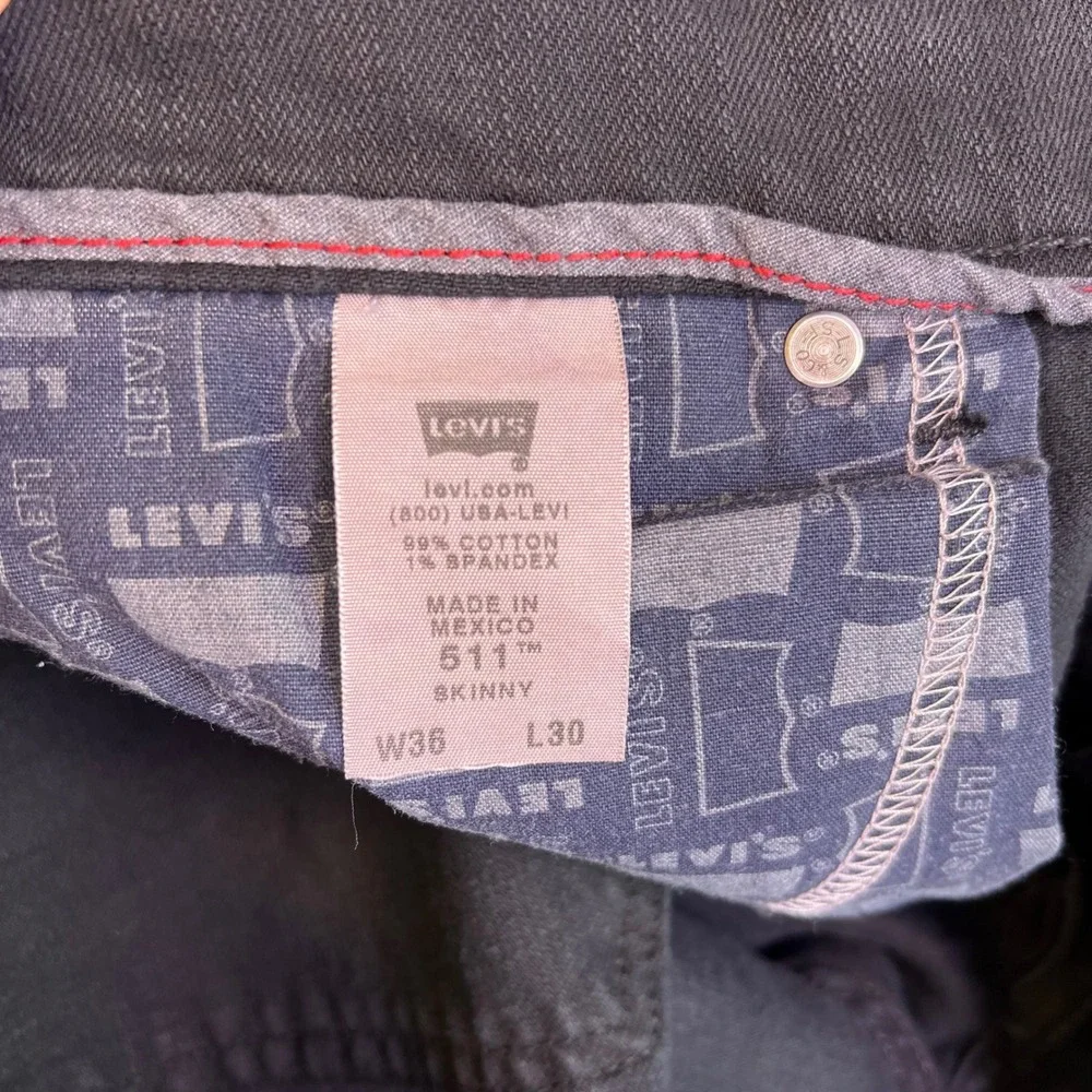 Levis 511 Jeans Mens 36x30 Black Grunge Skinny Casual‎ Slim Stretch Denim Retro